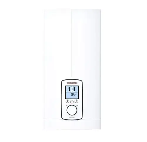 Weißer Durchlauferhitzer mit digitalem Display und Bedientasten, zeigt Temperatur und andere Einstellungen an. Modernes Design für komfortable Warmwasserbereitung.